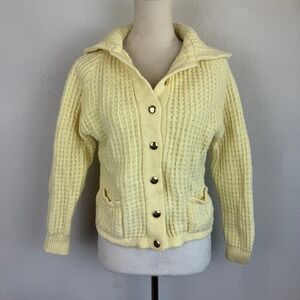 Vintage 80's Greca Italian 100% Wool Knit‎ Yellow Cardigan Button Collar Sweater